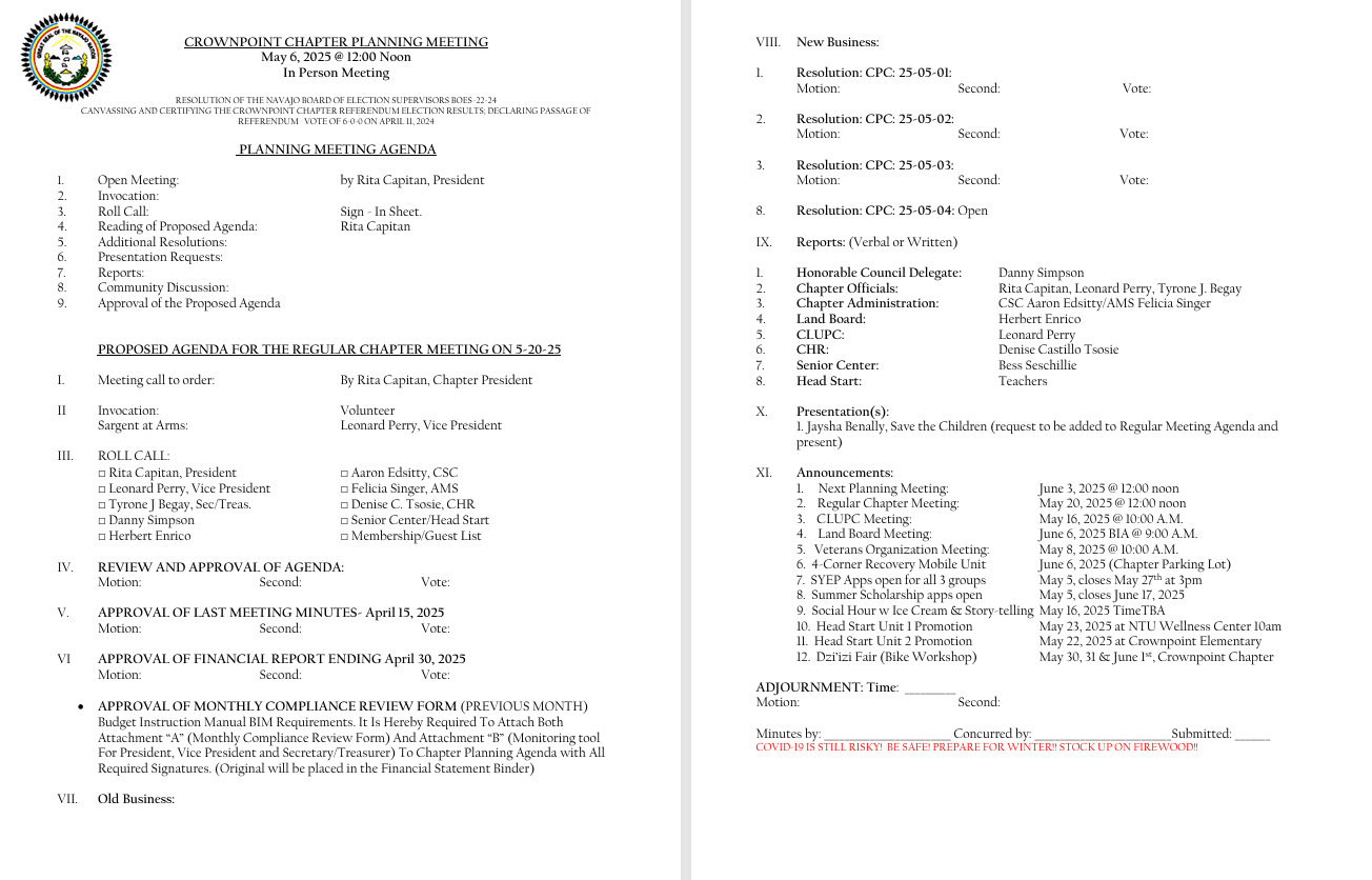 May 6 Planning Mtg agenda