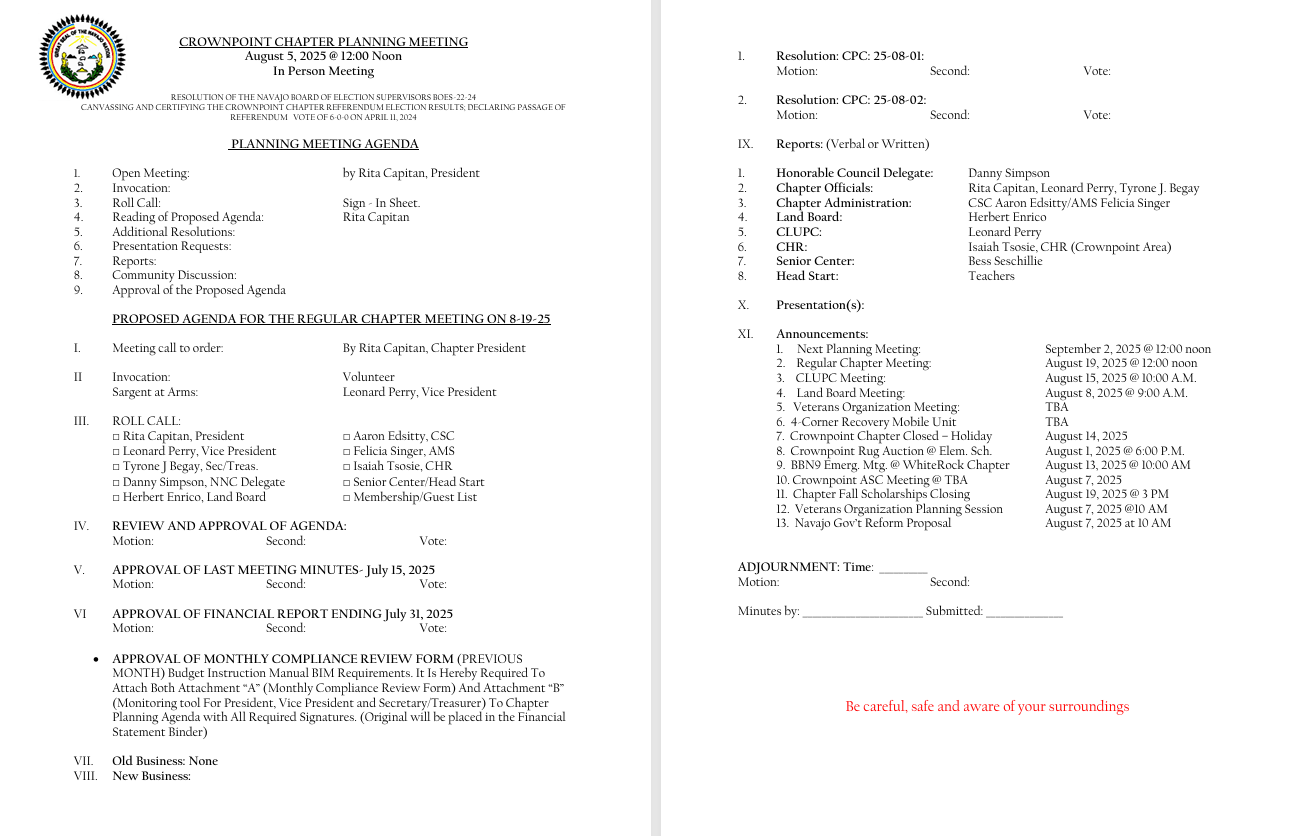 August 5 PlanningMtg Agenda